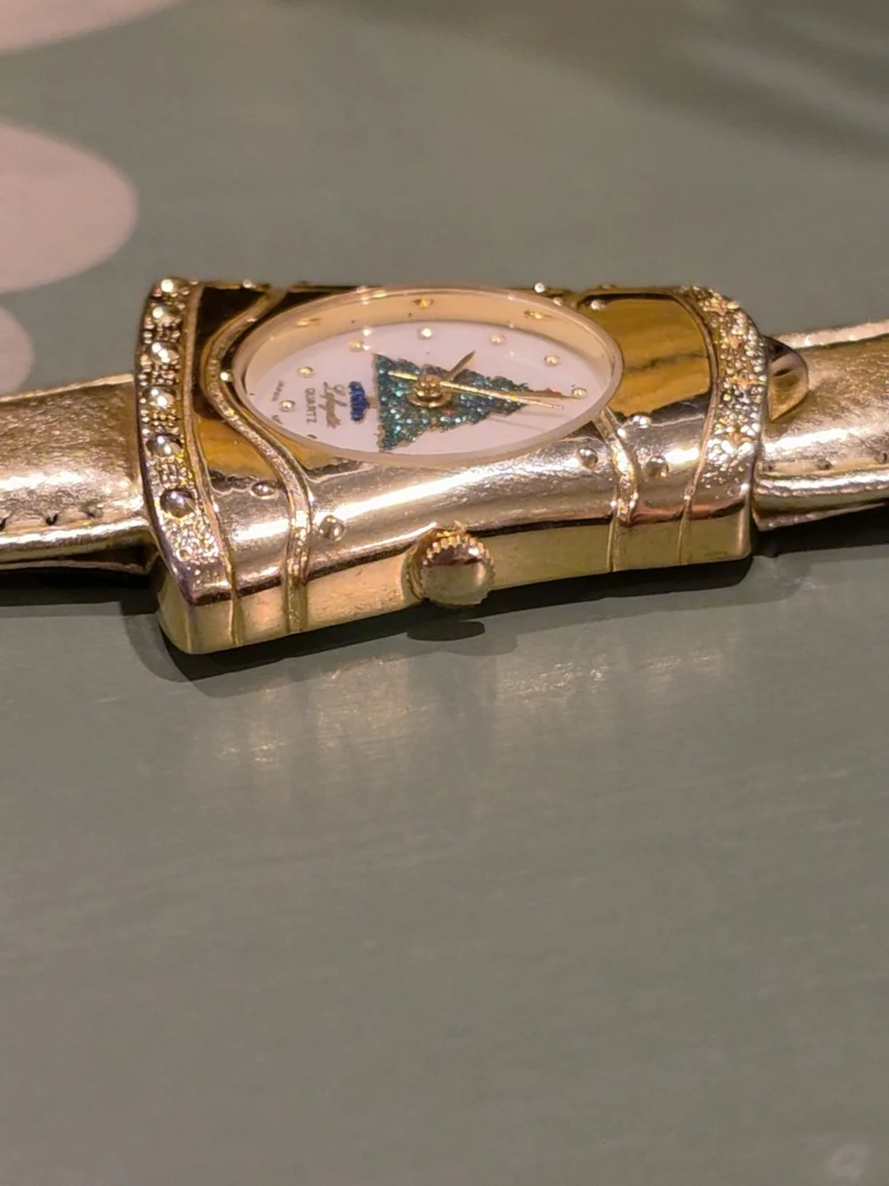 Vintage Lafayette Christmas Tree Bell-Shaped Watch | Gold Tone Metallic Leather